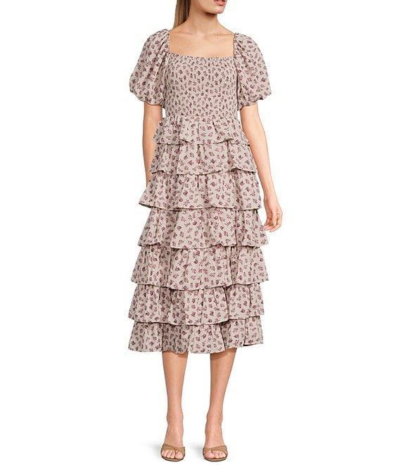 Midnight Doll Ditsy Floral Print Puff Sleeve Smocked Bodice Tiered Ruffle Midi Dress Product Image