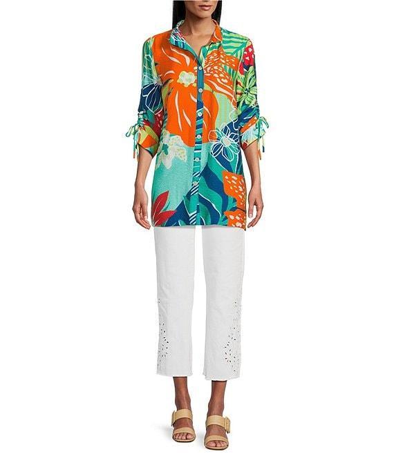 John Mark Printed Wire Collar 3/4 Cinch Tie Sleeve Button Front Tunic Product Image