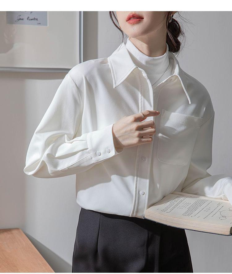 Long Sleeve Lapel Collar Plain Button Shirt Product Image