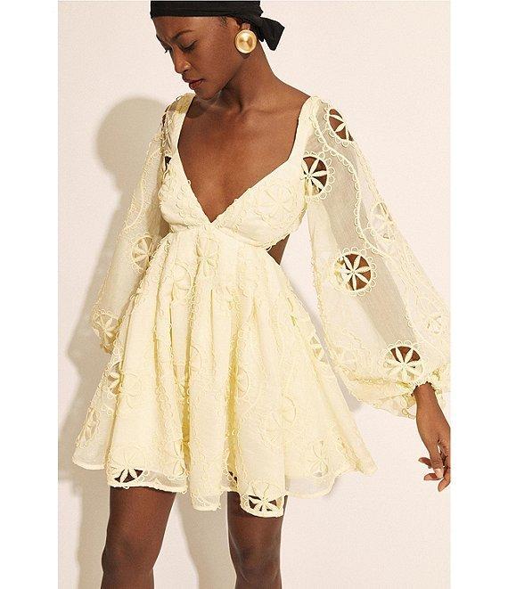 Bardot Jovie Embroidered V Neck Long Sleeve Cutout Babydoll A-Line Mini Dress Product Image