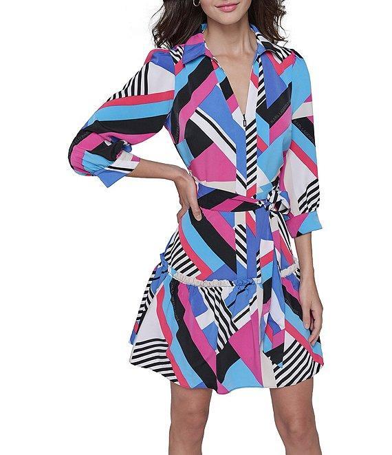 KARL LAGERFELD PARIS Silky Crepe Geometric Print Point Collar 3/4 Blouson Sleeve Belted A-Line Shirt Dress Product Image