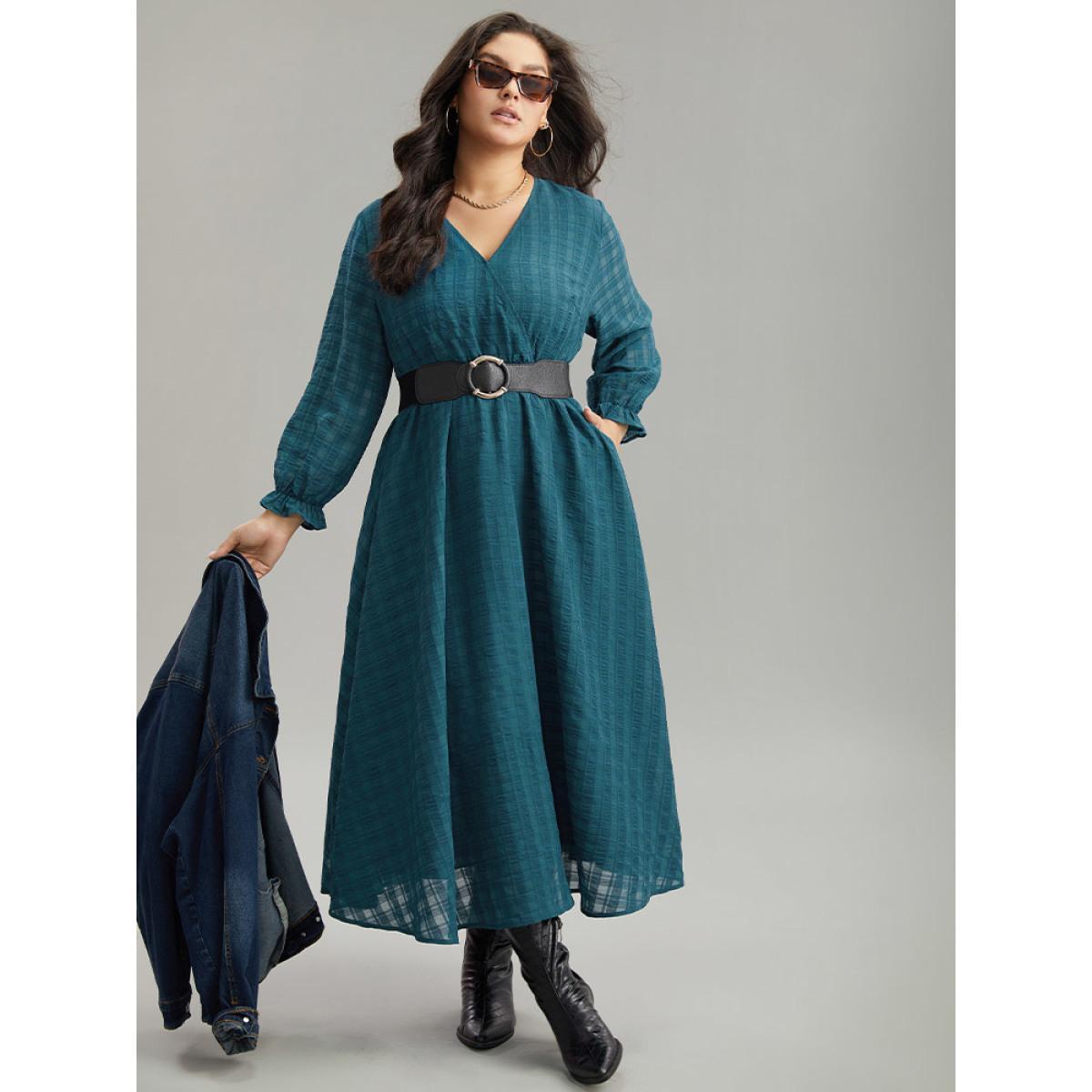 Plus Size Plaid Wrap Elastic Waist Gathered Ruffles Dress Cyan Women Casual Plain V-neck Long Sleeve Curvy Midi Dress BloomChic 30/6X Product Image