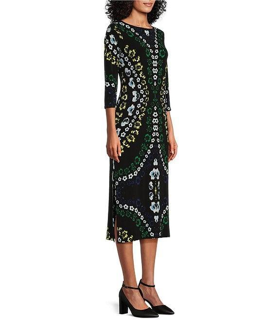 Eva Varro Knit Jersey Floral Pattern Crew Neck 3/4 Sleeve Side Slit Midi Dress Product Image