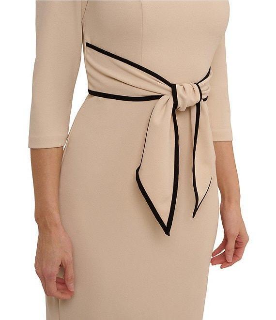 Adrianna Papell Contrasting Trim Boat Neck 3/4 Sleeve Tie Waist Crepe Sheath Dress Product Image