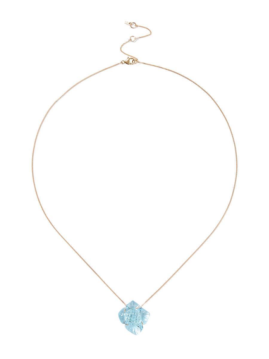 Womens 14K Gold Necklace Featuring A Carved Blue Topaz Flower. Product Image