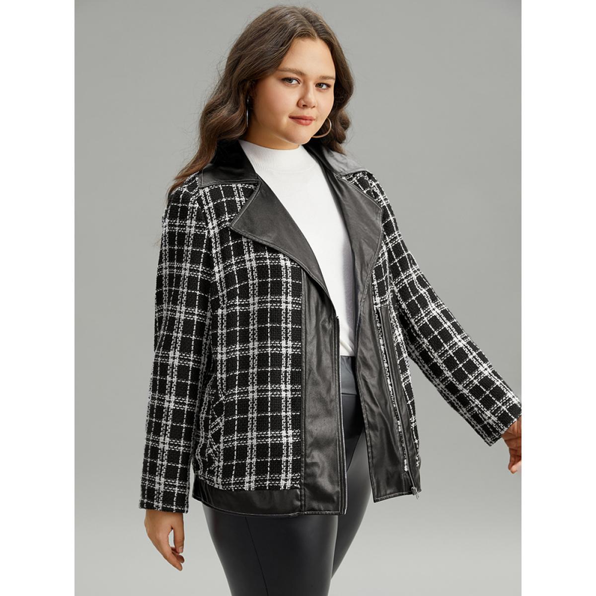 Plus Size Plaid PU Patchwork Zipper Fly Jacket Women Black Contrast Dailywear Jackets BloomChic 30/6X Product Image