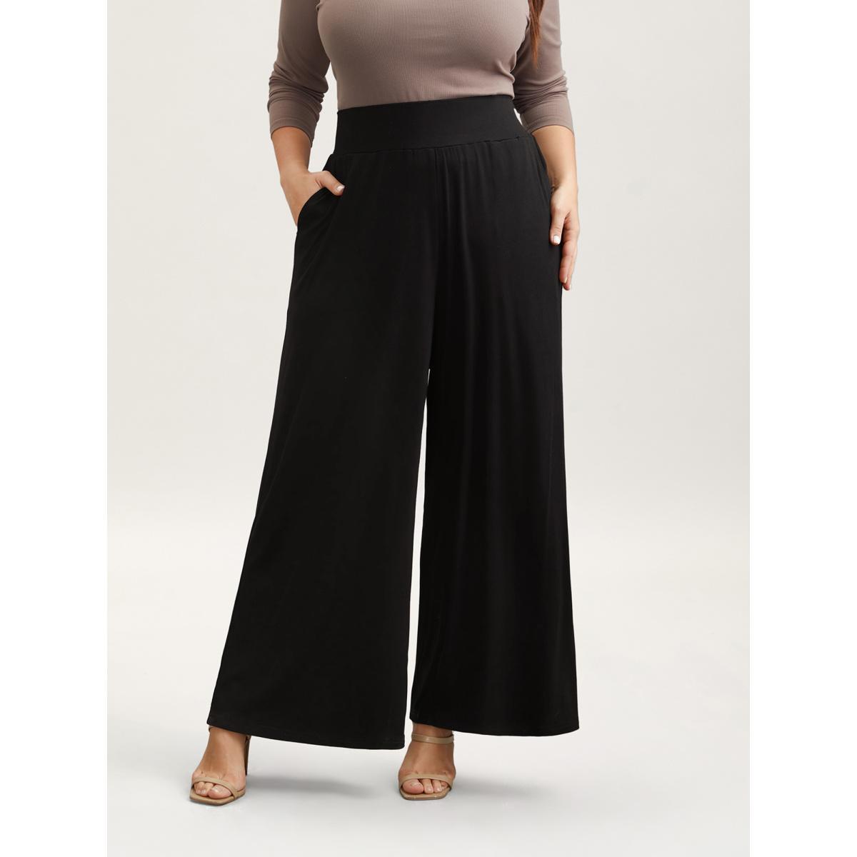 Plus Size Stretchy Waist Straight-Leg Pants Women Black Casual Wide Leg Mid Rise Everyday Pants BloomChic 28/5X Product Image