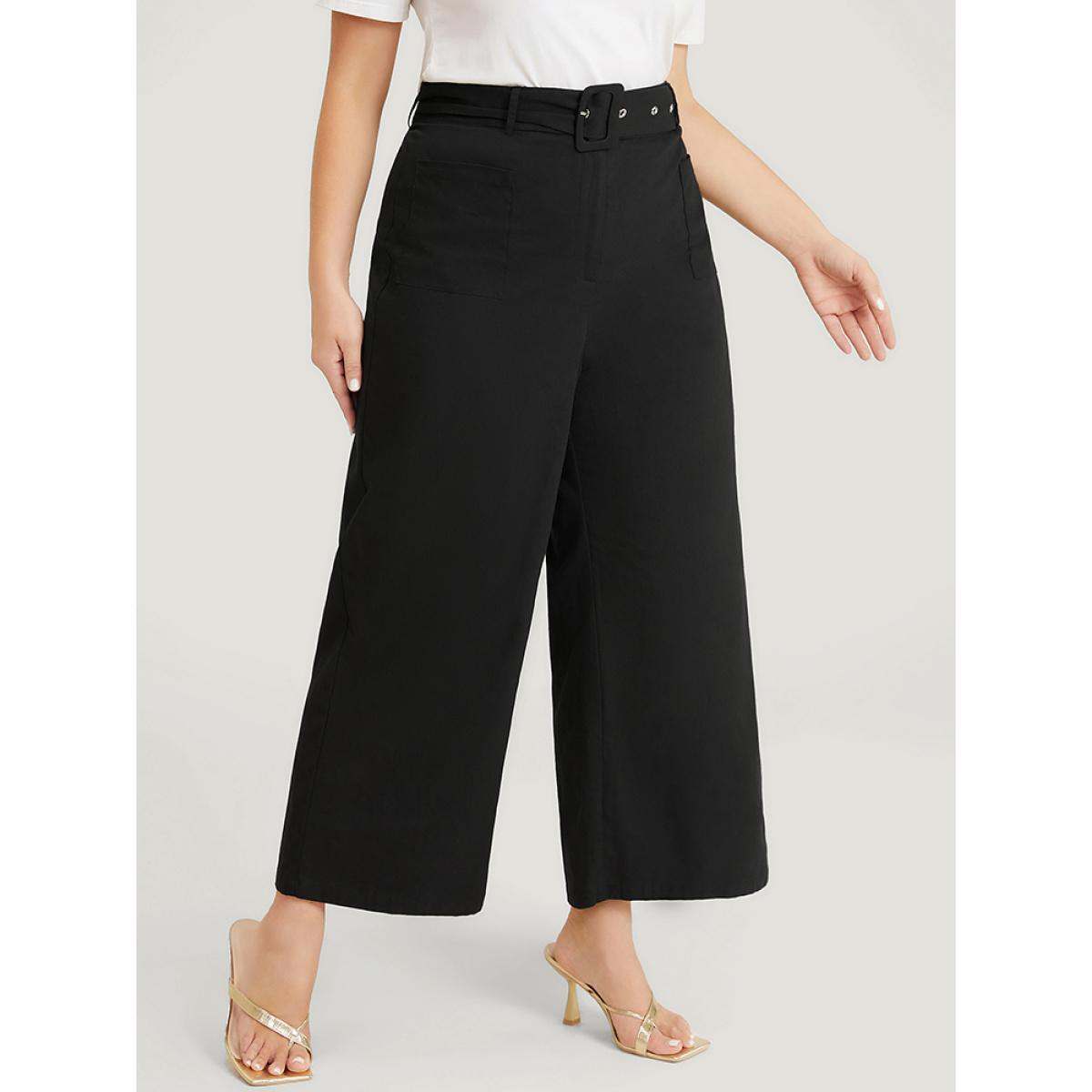 Plus Size Solid Pocket Eyelet Detail Buckle Belted Pants Women Black Office Wide Leg High Rise Dailywear Pants BloomChic 22-24/3X Product Image