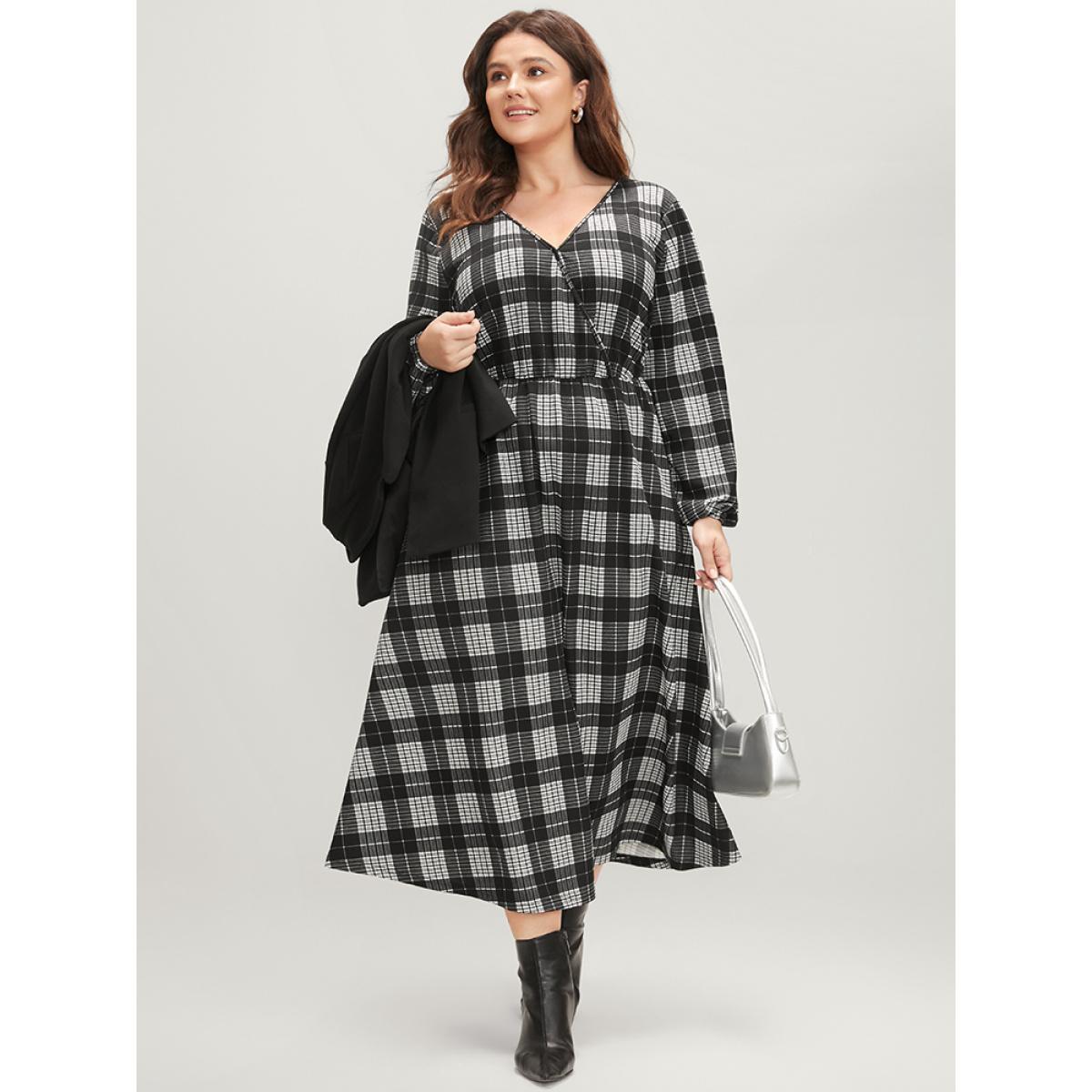 Plus Size Plaid Print Pocket Lantern Sleeve Surplice Neck Midi Dress Black Women Elegant Printed V-neck Long Sleeve Curvy Midi Dress BloomChic 22-24/3X Product Image