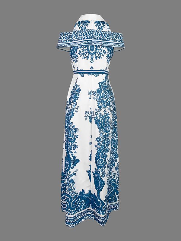 Bodycon High Waisted Flower Print Hollow Pockets Cold Shoulder Maxi Dresses Product Image