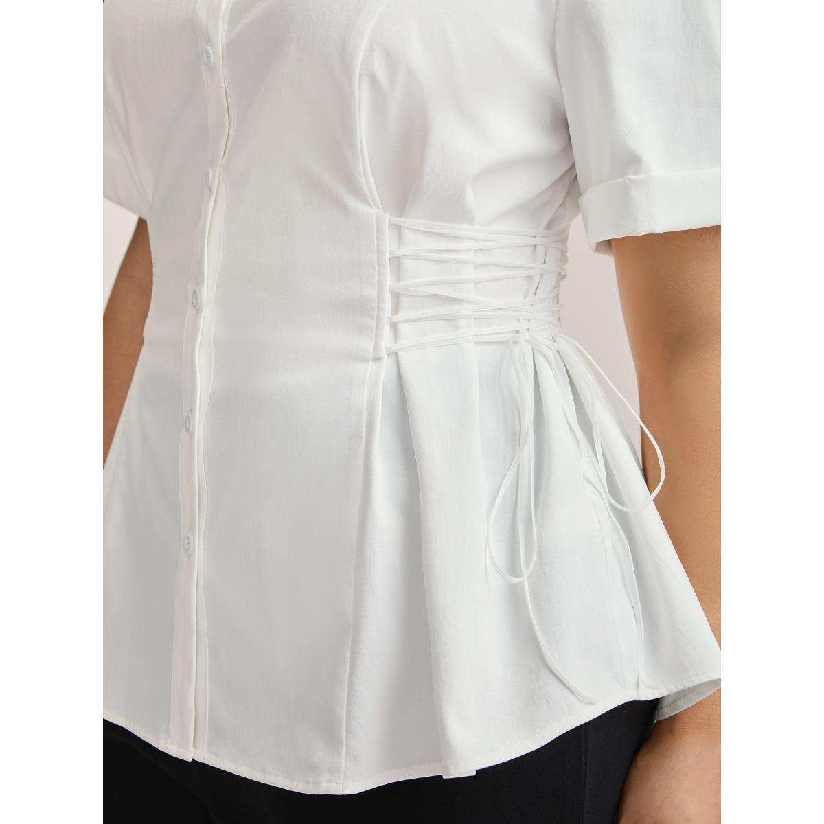 Plus Size Originalwhite Adjustable Waist Button Placket Solid Blouse Women Short sleeve Shirt collar Work Blouses BloomChic 14-16/1X Product Image
