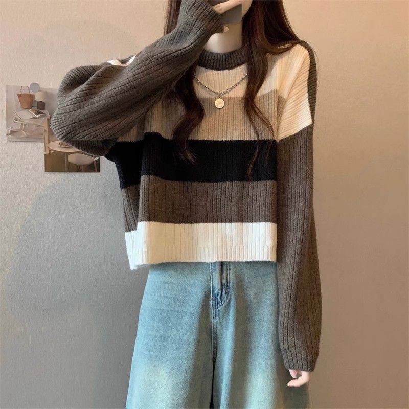 Drop Shoulder Round Neck Striped Crop Sweater Product Image
