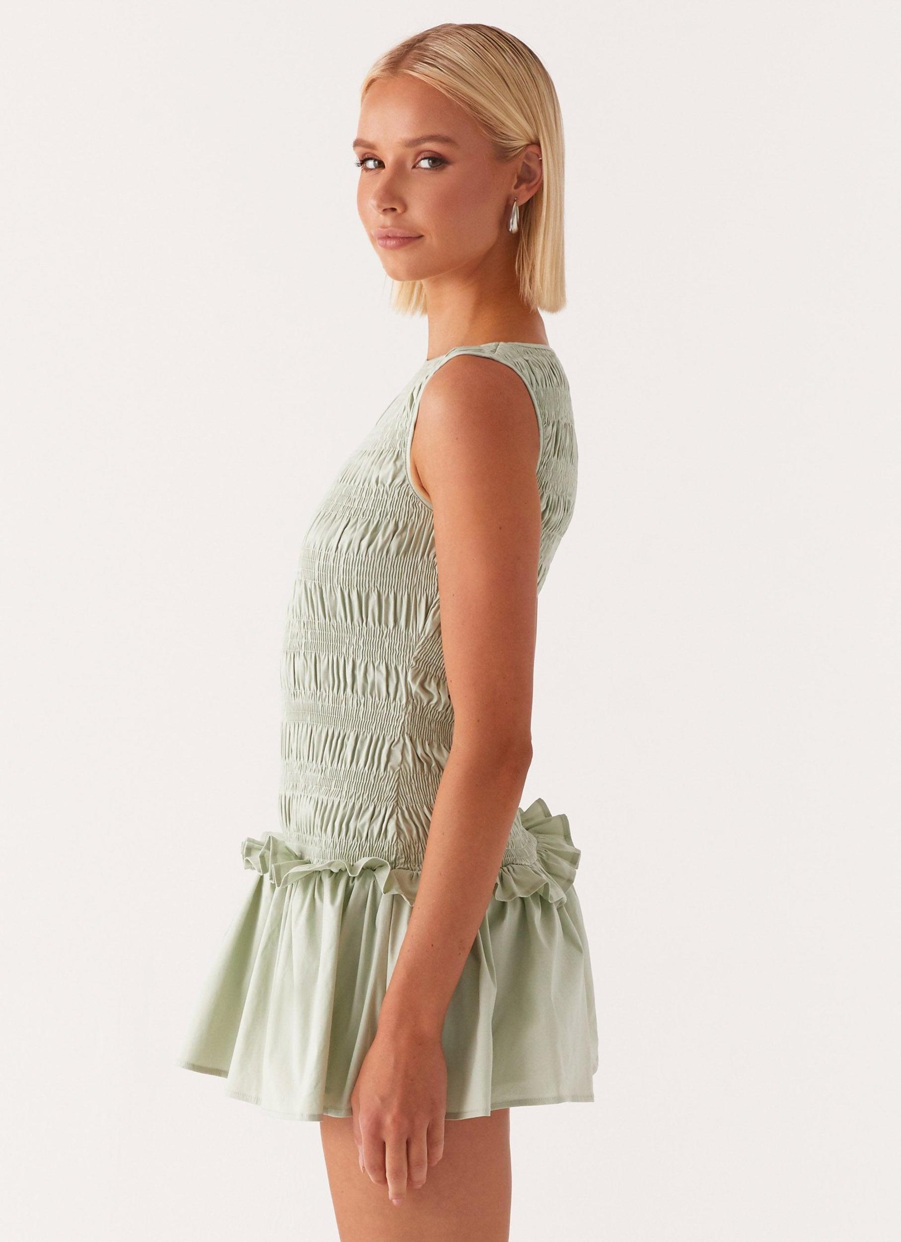 Garden Kisses Shirred Mini Dress - Sage Product Image