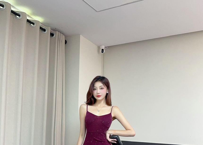 Spaghetti Strap V-Neck Glitter Slit Bodycon Maxi Dress Product Image