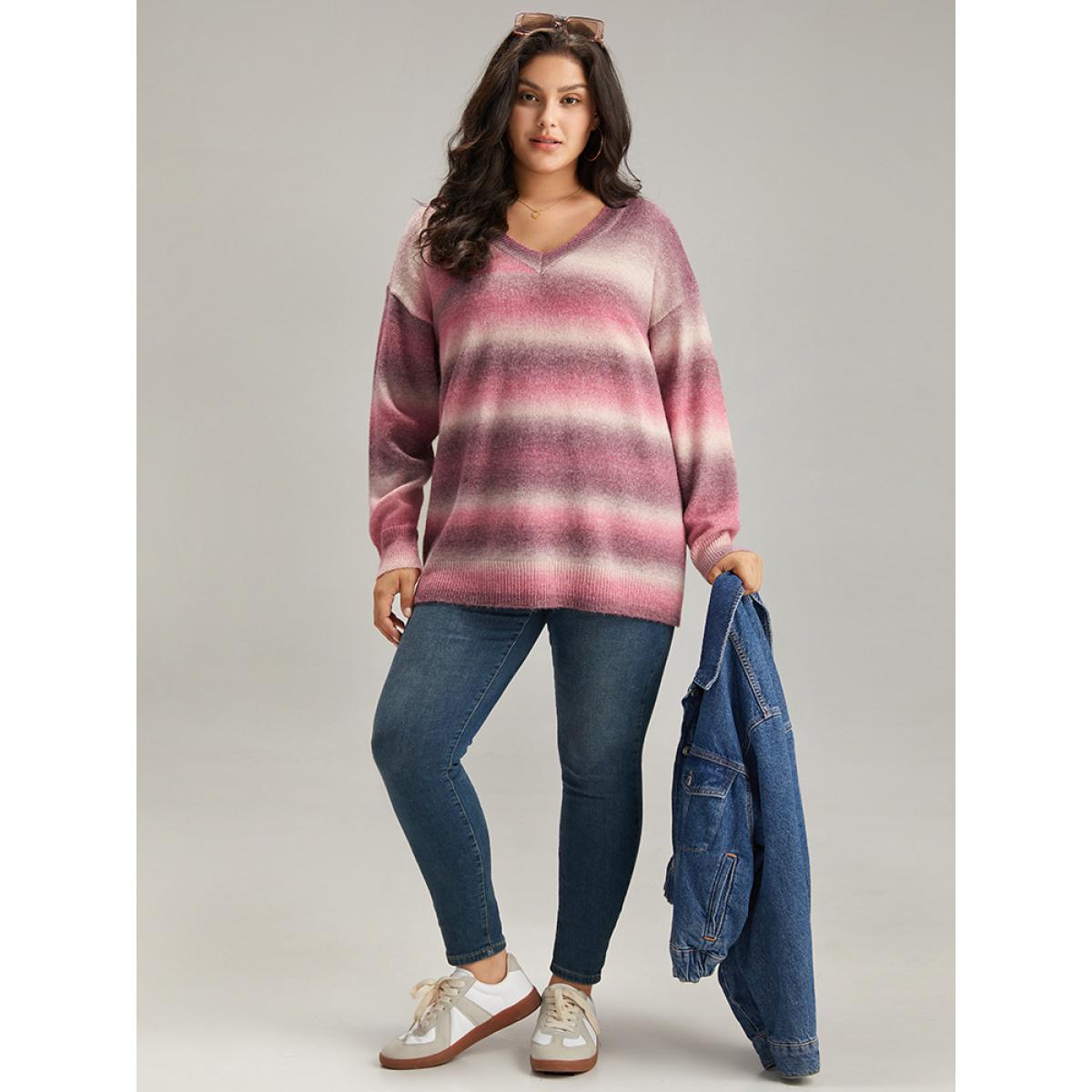 Plus Size Ombre Heather V Neck Elastic Cuffs Pullover Multicolor Women Casual Loose Long Sleeve V-neck Dailywear Pullovers BloomChic 18-20/2X Product Image