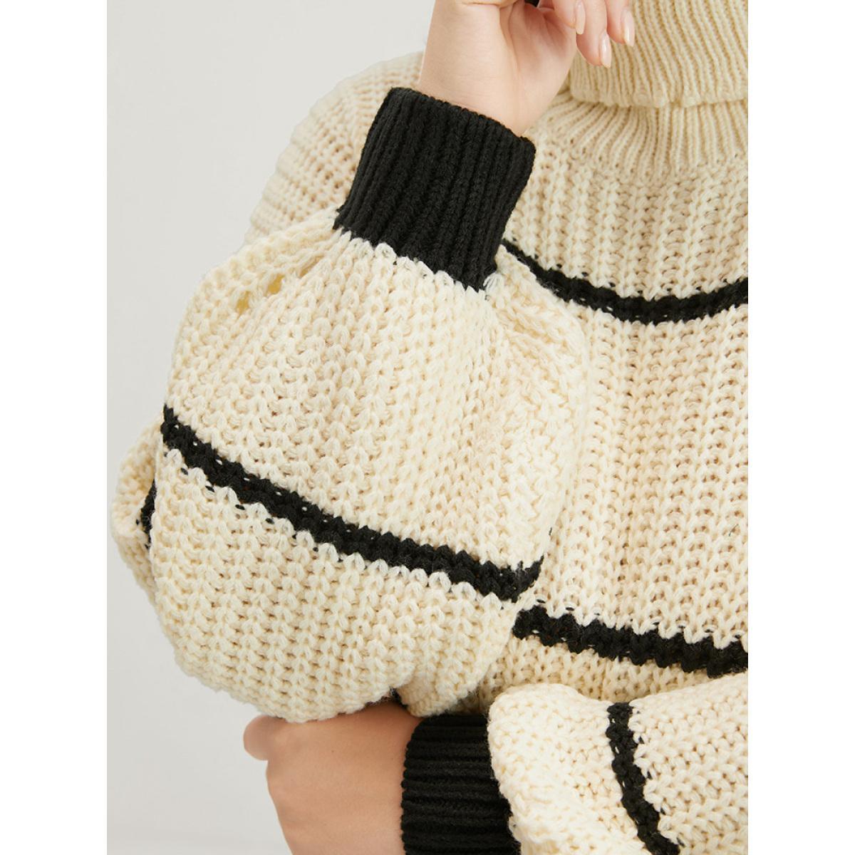 Plus Size Striped Contrast Pointelle Knit Lantern Sleeve Funnel Neck Knit Top Beige Women Elegant Loose Long Sleeve Turtleneck Dailywear Pullovers BloomChic 28/5X Product Image