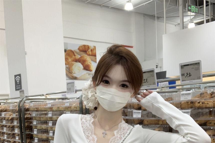 Long-Sleeve V-Neck Plain Knot Lace Trim Slim Fit Tee Product Image