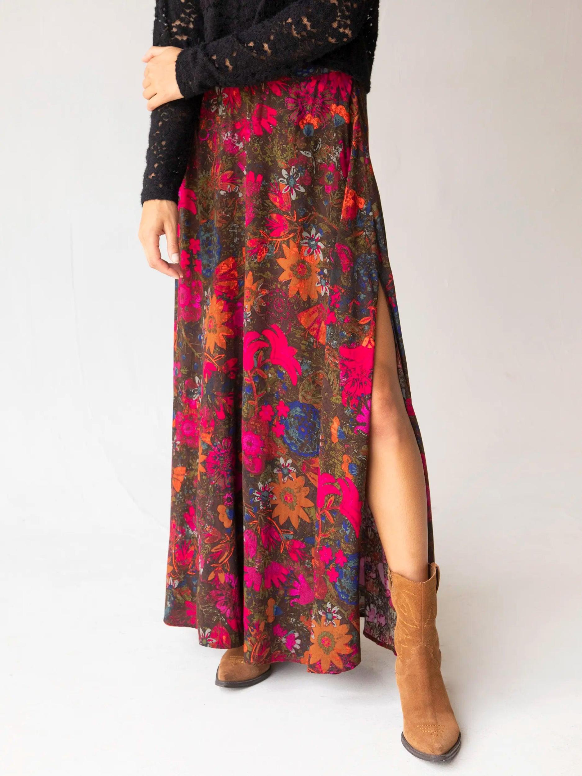 Ginger Side-Slit Maxi Skirt - Pink Calico Floral Product Image
