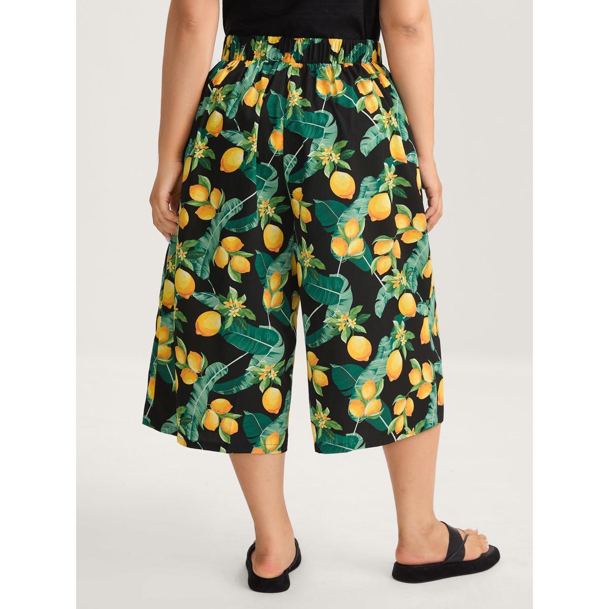 Plus Size Citrus Print Wide-Leg Pants Women BlackFlower Casual Wide Leg Mid Rise Everyday-Casual Pants BloomChic 18-20/2X Product Image