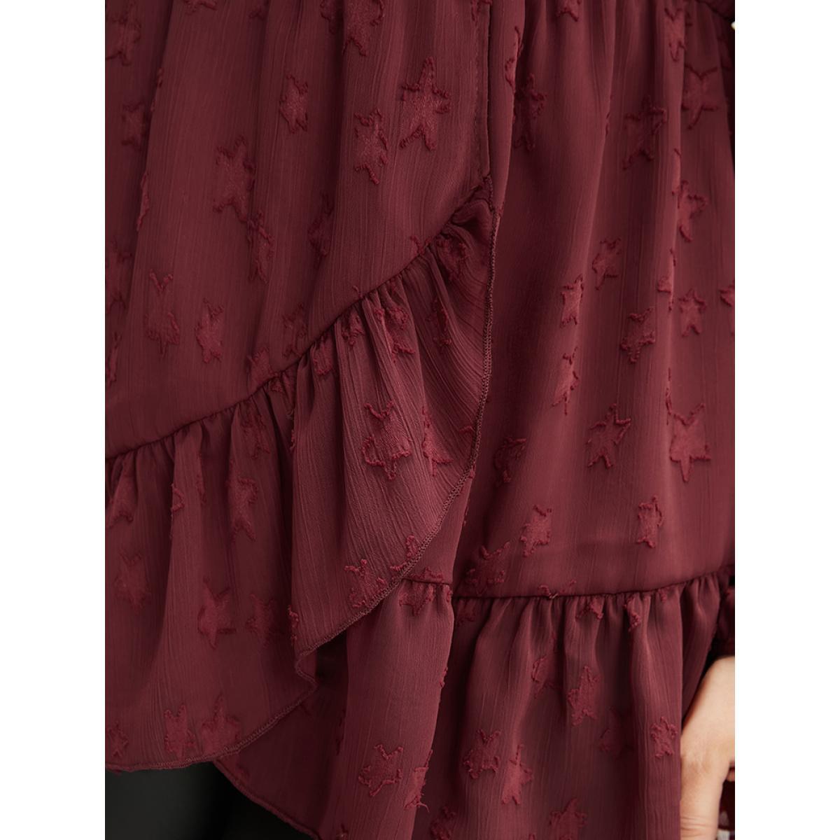 Plus Size Burgundy Star Mesh Lantern Sleeve Surplice Neck Ruffle Hem Blouse Women Glamour Long Sleeve V-neck Going out Blouses BloomChic 28/5X Product Image