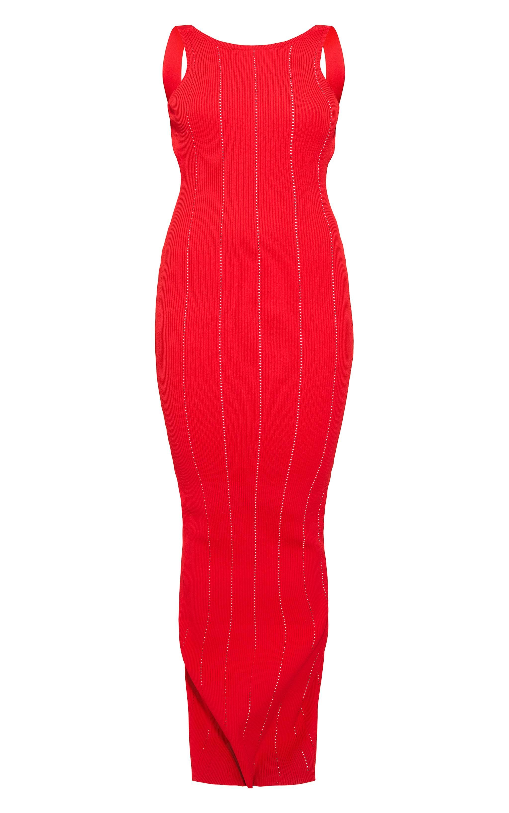 Red Textured Rib Knit Low Back Ruched Maxi Dress Product Image