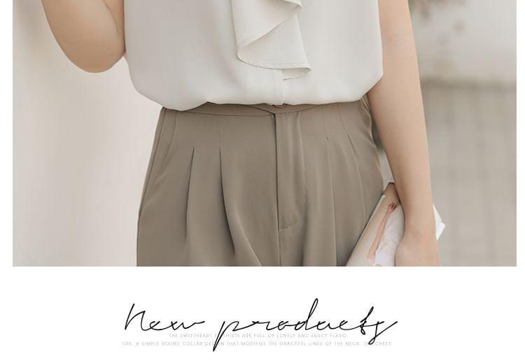 Ruffle Trim Stand Collar Short Sleeve Blouse Product Image
