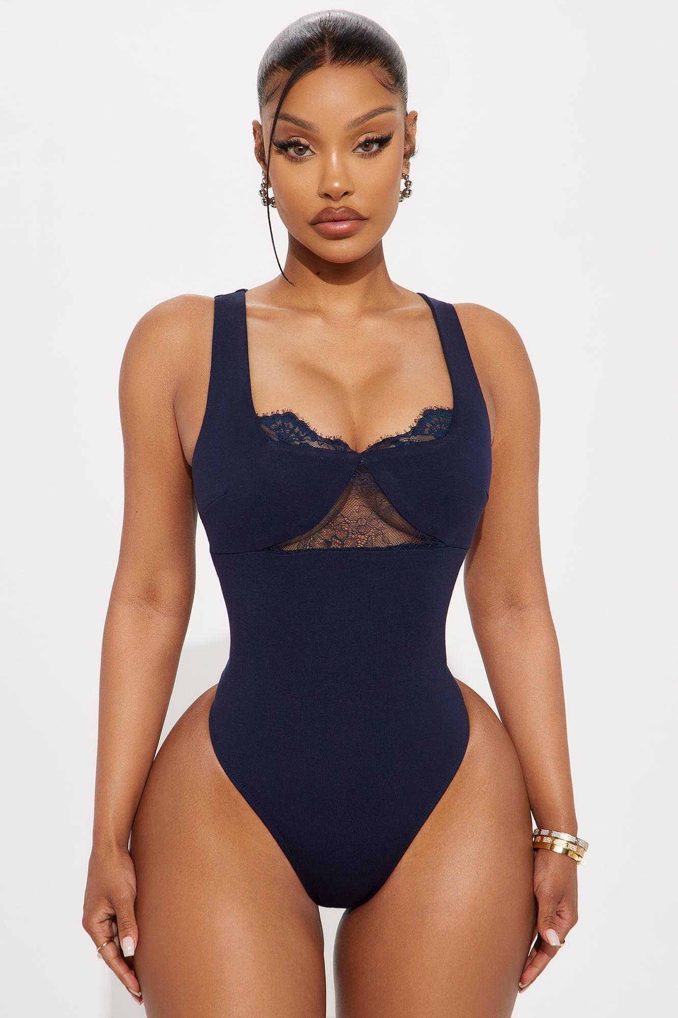 Verity Lace Trim Ponte Bodysuit - Navy Product Image