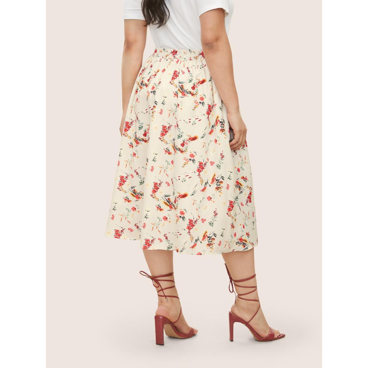 Plus Size Floral Print Pleated Elastic Waist Skirt Women Beige Elegant Pleated No stretch Everyday Skirts BloomChic 30/6X Product Image