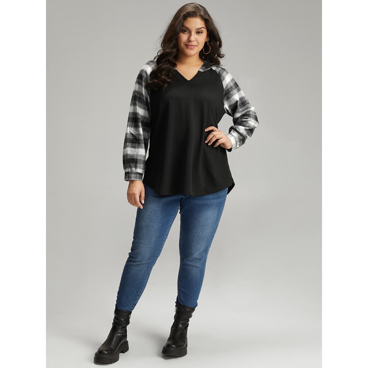 Plus Size Plaid Print Hooded Patchwork Sweatshirt Women Black Casual Patchwork Hooded Everyday Sweatshirts BloomChic 22-24/3X Product Image