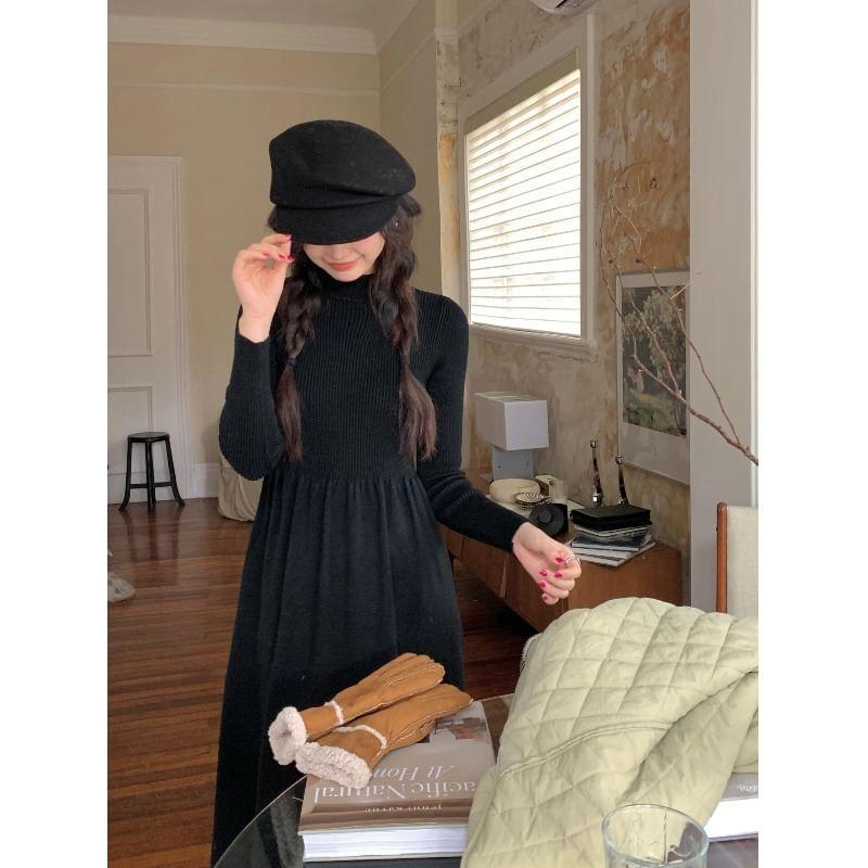 Long-Sleeve Mock Neck Plain Knit Midi A-Line Dress Product Image