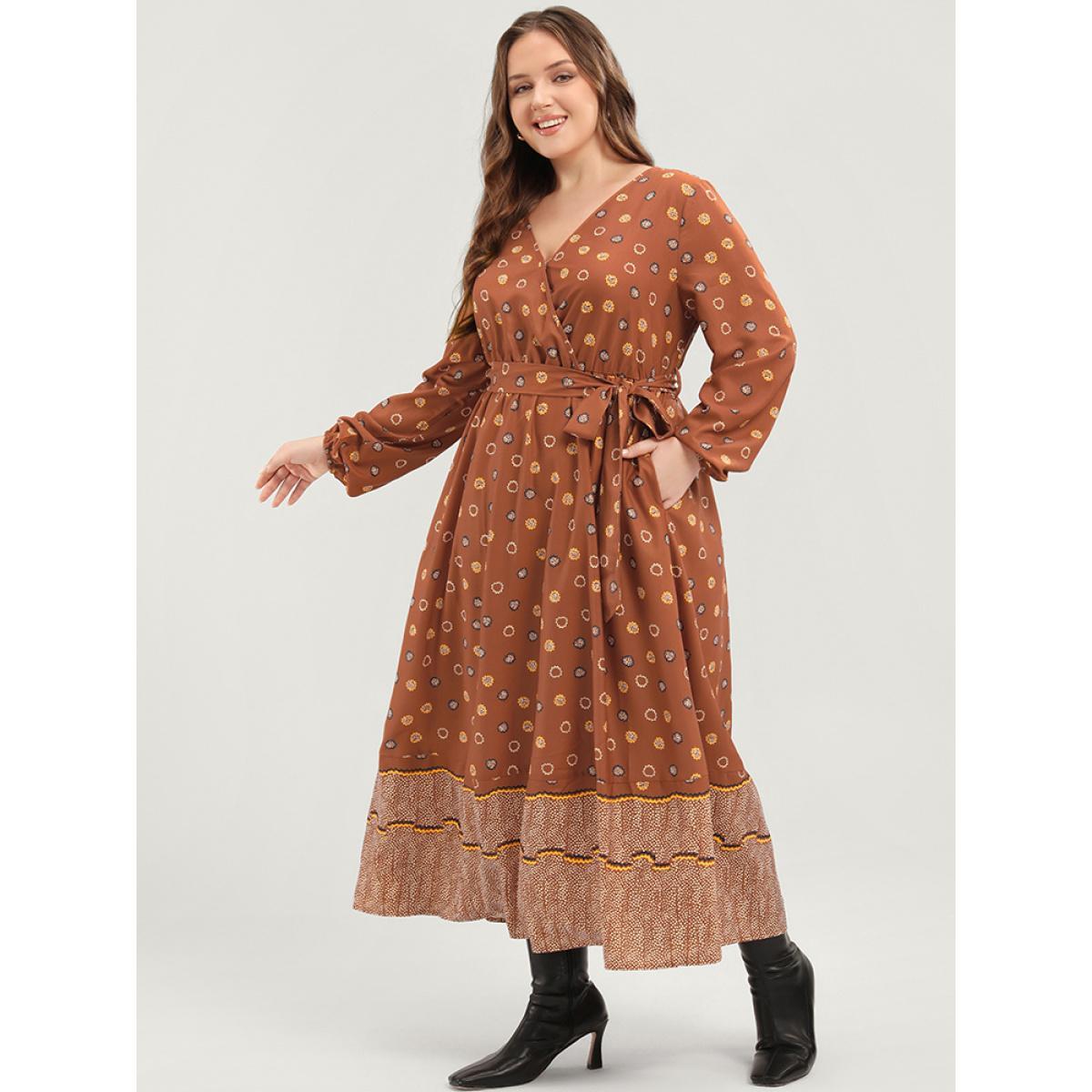 Plus Size Polka Dot Lantern Sleeve Pocket Belted Surplice Neck Maxi Dress Bronze Women Vacation V-neck Long Sleeve Curvy Long Dress BloomChic 30/6X Product Image