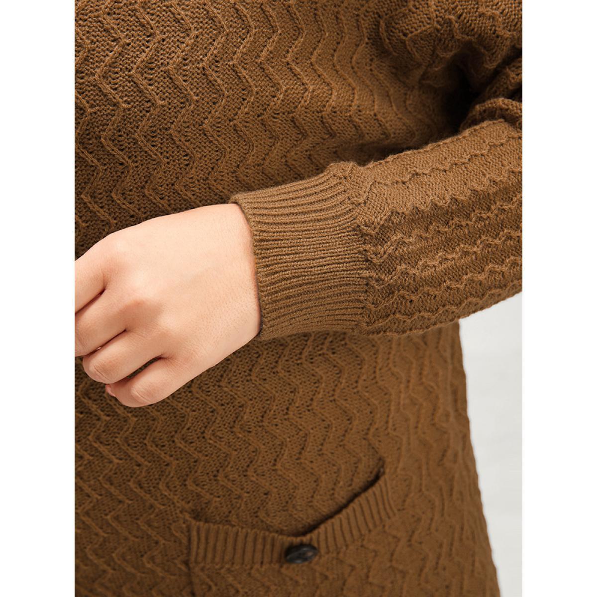 Plus Size Plain Pointelle Knit Geometric Crochet Pocket Button Front Cardigan Bronze Women Casual Loose Long Sleeve Dailywear Cardigans BloomChic 12/L Product Image