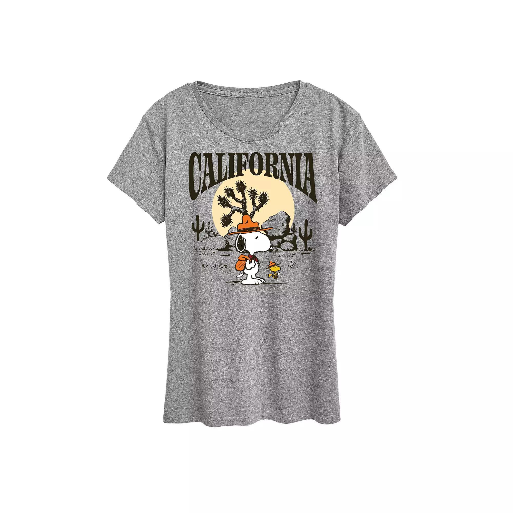 Womens Peanuts Snoopy & Woodstock Beagle Scout California Graphic Tee Grey Gray Product Image