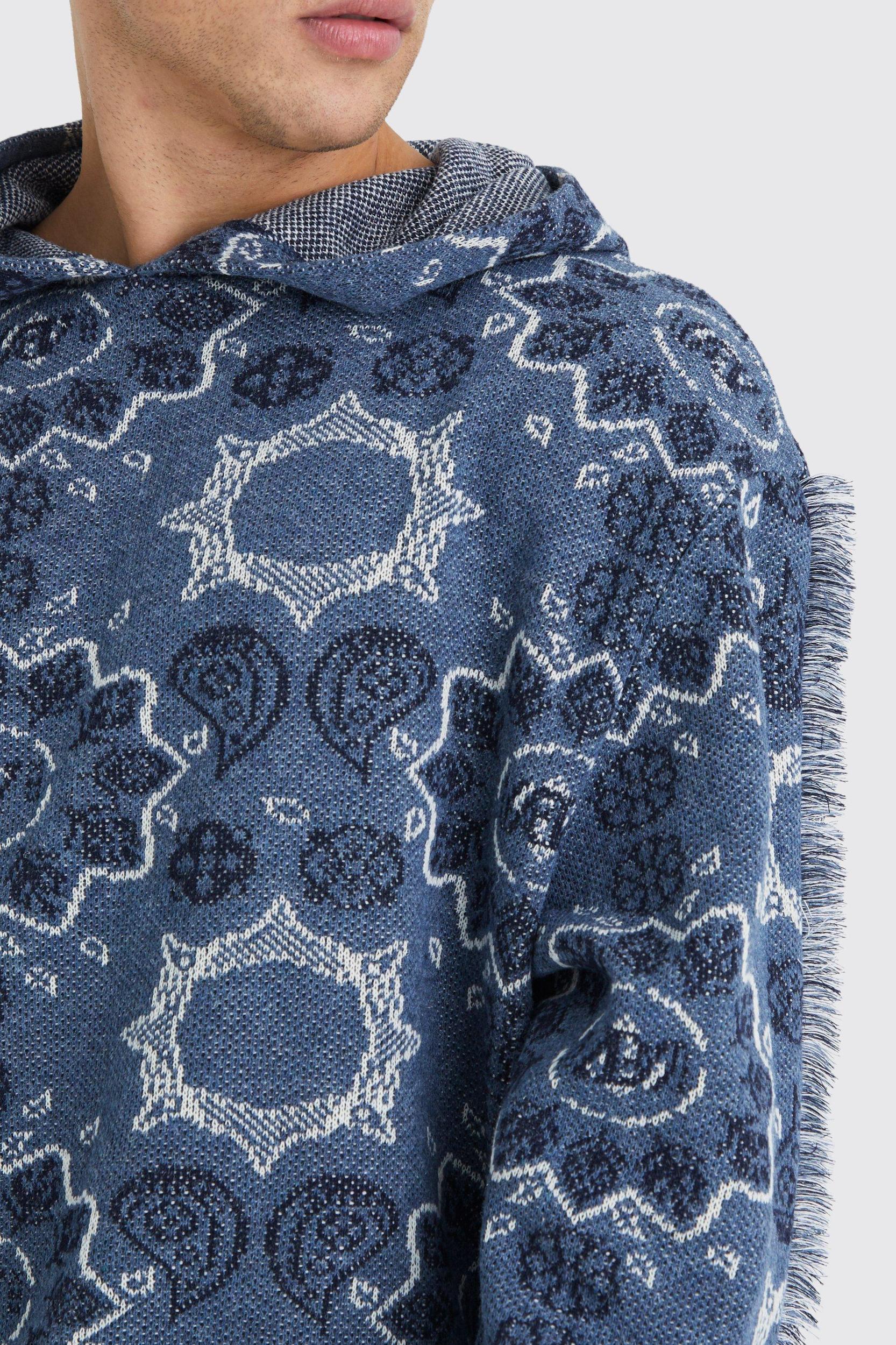 Oversized Fringed Heavyweight Jacquard Tapestry Hoodie | boohooMAN USA Product Image
