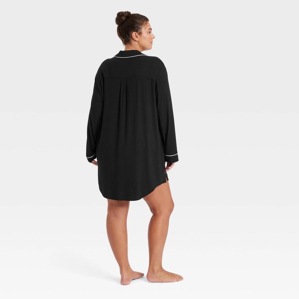 Womens Cloud Knit Notch Collar Long Sleeve NightGown - Auden Black 1X: Modal-Spandex Blend, Front Button Down, Plus Size Product Image