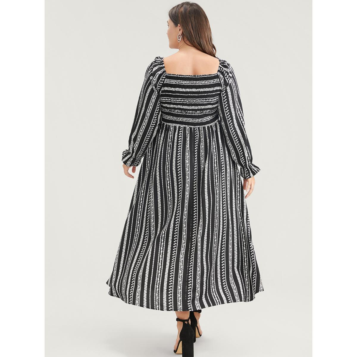 Plus Size Striped Square Neck Lantern Sleeve Pocket Shirred Split Dress Black Women Vacation Pocket Square Neck Long Sleeve Curvy Midi Dress BloomChic 22-24/3X Product Image
