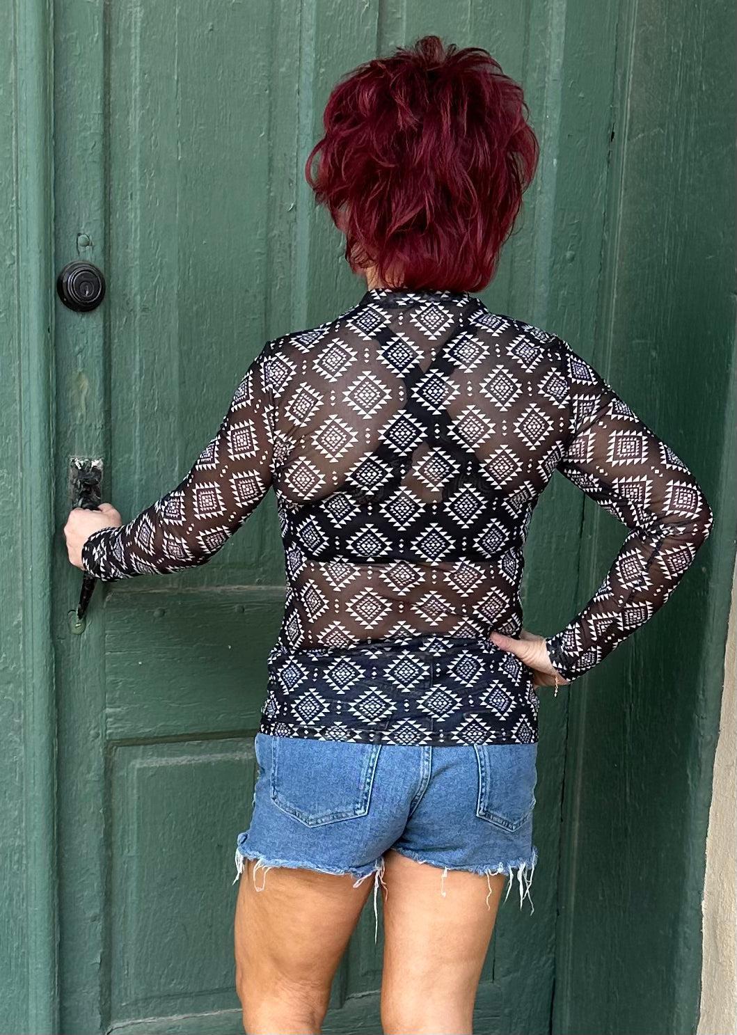 Sutton Black Aztec Print Mesh Top Product Image
