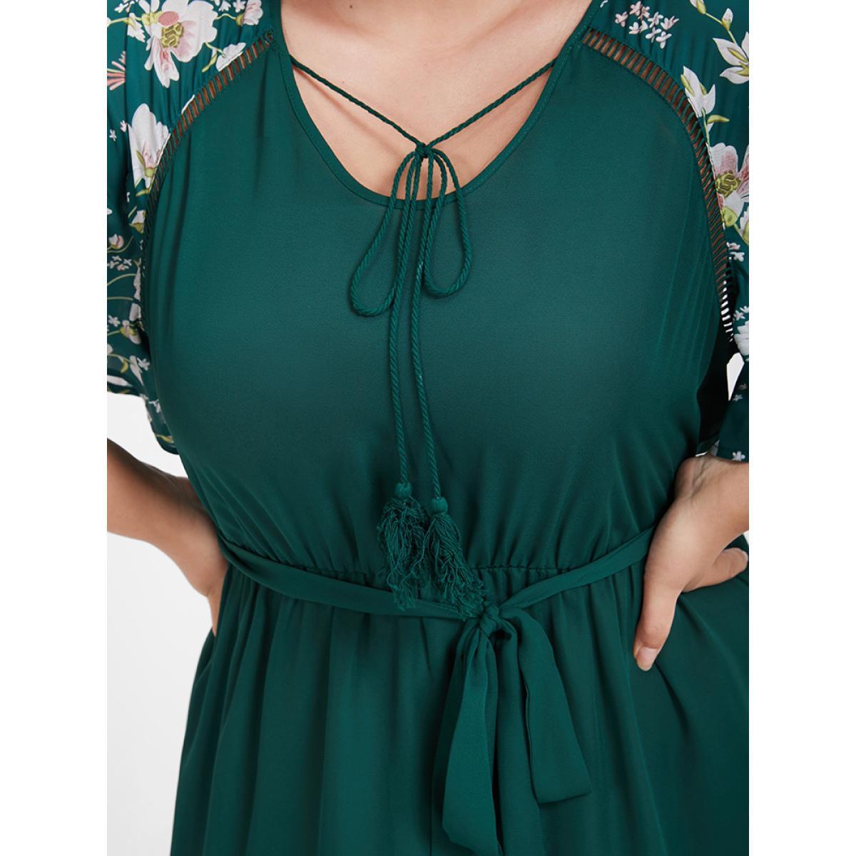 Plus Size Plain Broderie Anglaise Ruffles Belted Ties Knee Dress DarkGreen Women Elegant Gathered V-neck Short sleeve Curvy Knee Dress BloomChic 10/M Product Image