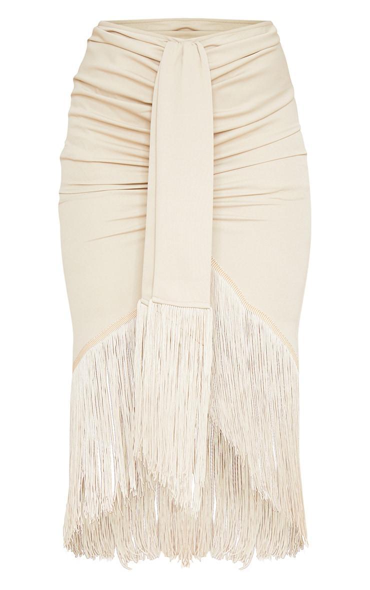 Cream Tassel Hem Midi Skirt Product Image