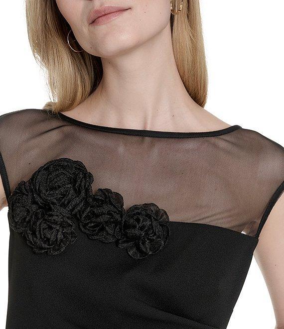 Eliza J Illusion Mesh Boat Neck 3D Flower Applique Side Ruched Scuba Crepe Sheath Dress Product Image