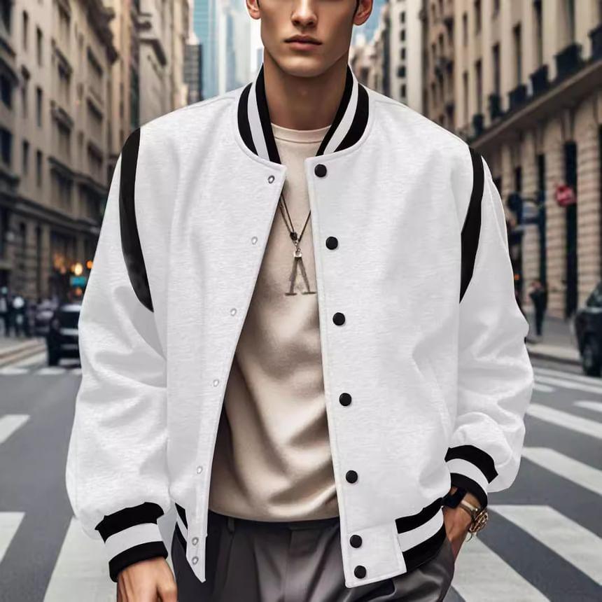 Contrast Trim Button-Up Baseball Jacket Product Image