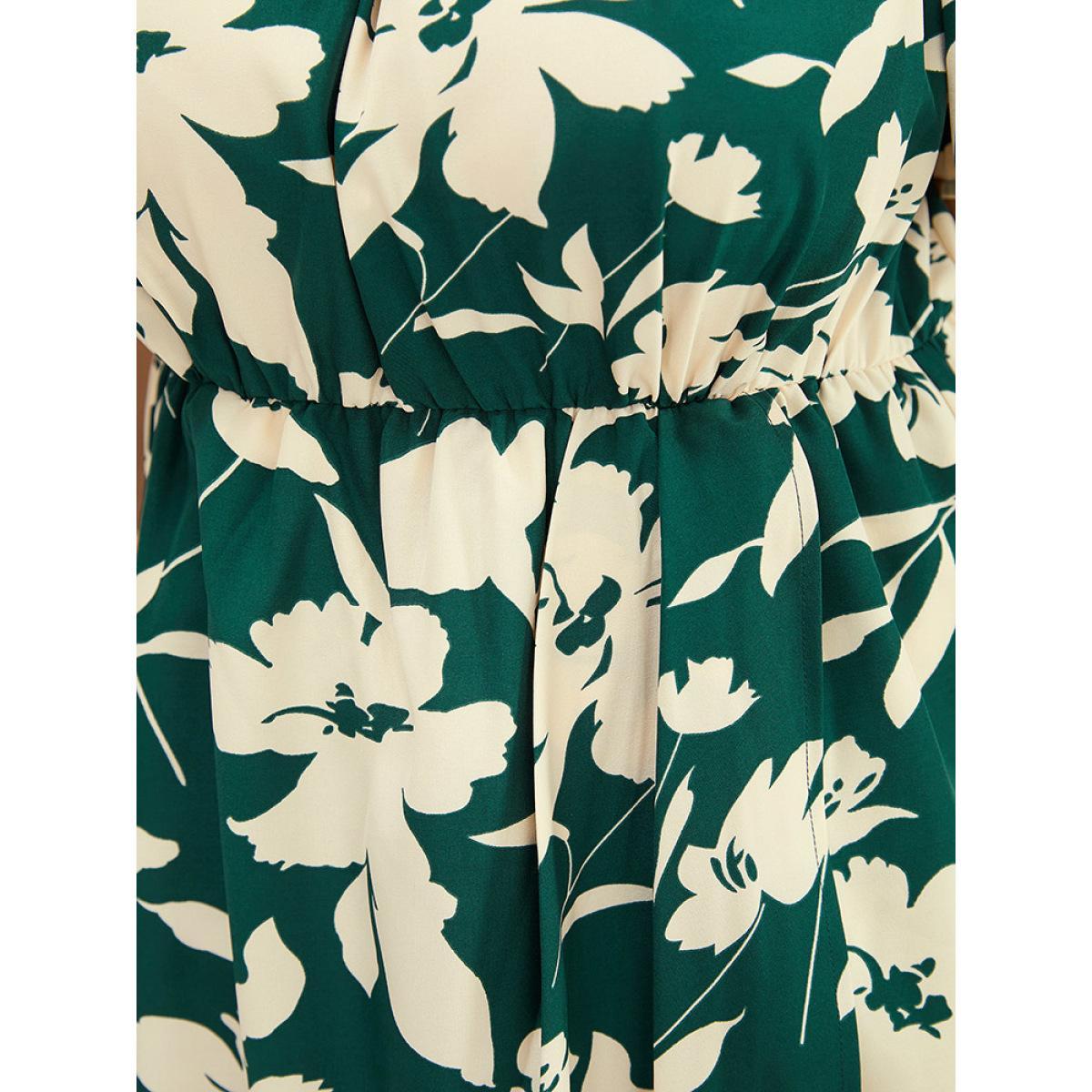 Plus Size Floral Ruffles Pleated Split Hem Pocket Off Shoulder Dress Emerald Women Elegant Printed One-shoulder neck Short sleeve Curvy Midi Dress BloomChic 14-16/1X Product Image