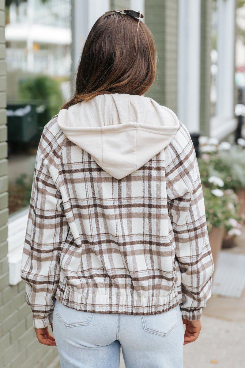 Brown Plaid Hooded Zip Up Jacket - FINAL SALE Product Image