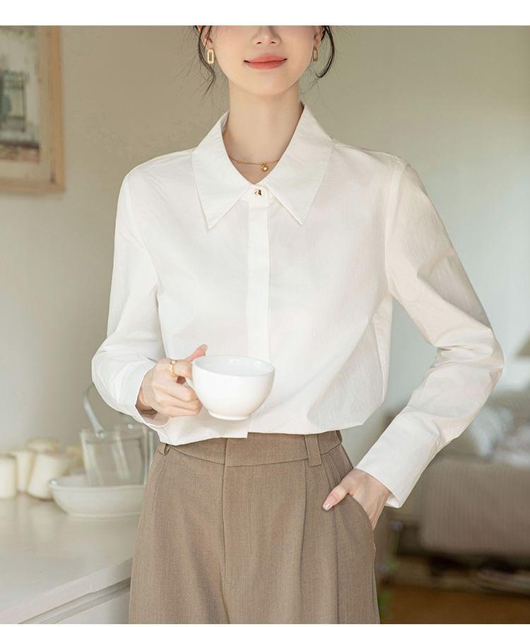 Long Sleeve Lapel Collar Plain Button Shirt Product Image