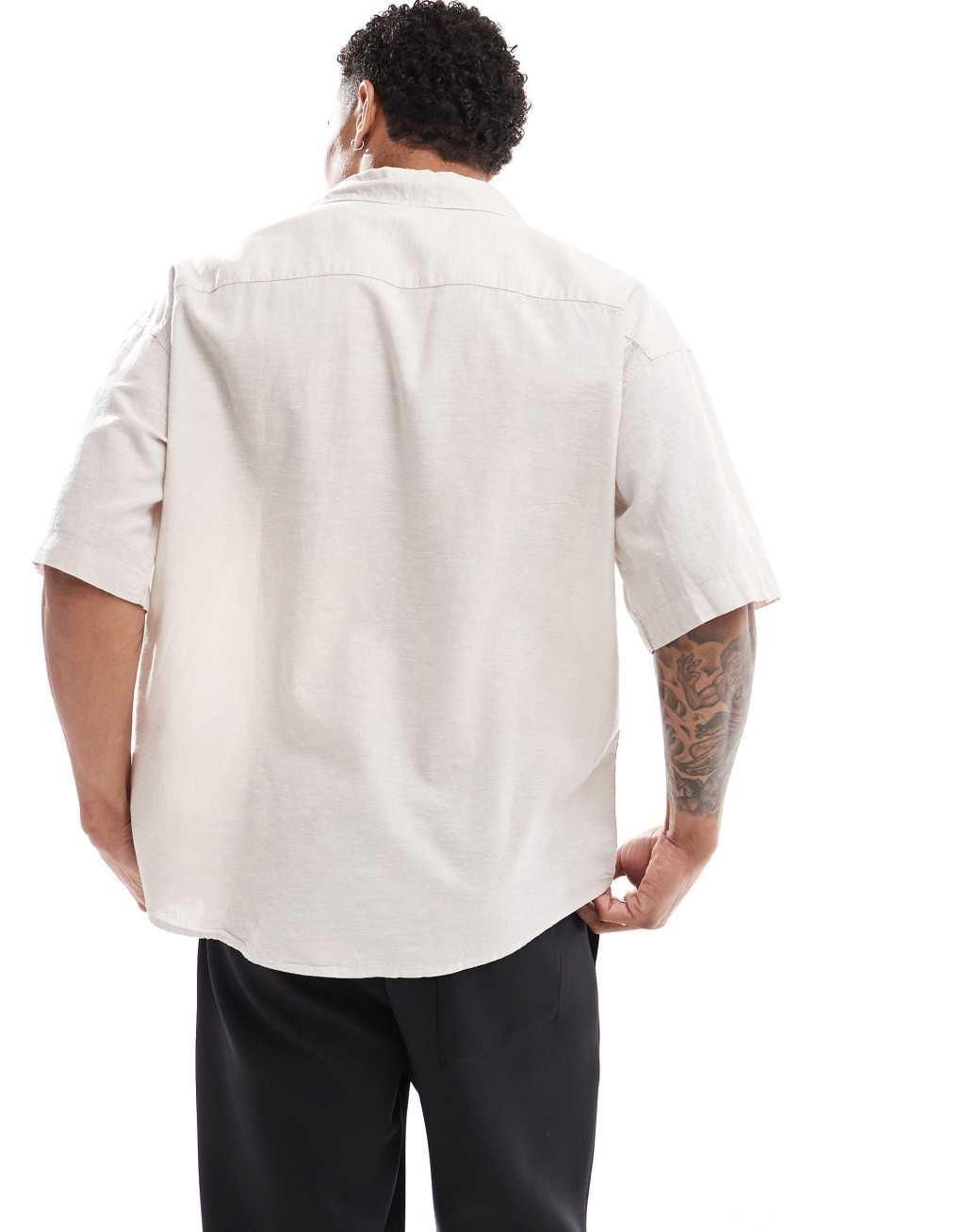 Jack & Jones oversized utility pocket linen shirt in beige Product Image
