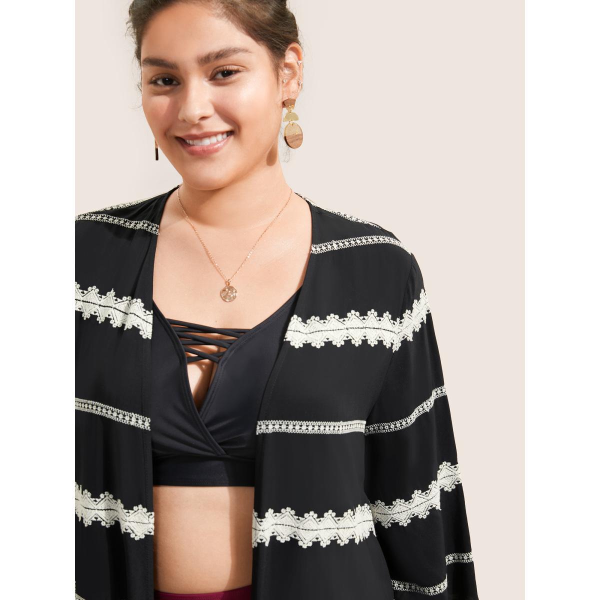 Plus Size Striped Embroidered Patchwork Kimono Women Black Resort Contrast Vacation Kimonos BloomChic 18-20/2X Product Image