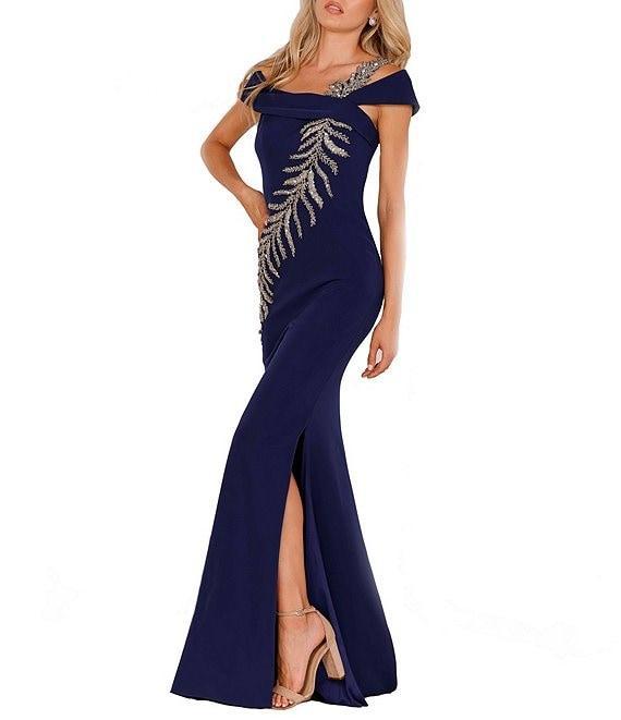 Terani Couture Off-the-Shoulder Short Sleeve Side Slit Cascading Leaf Bead Mermaid Gown Product Image