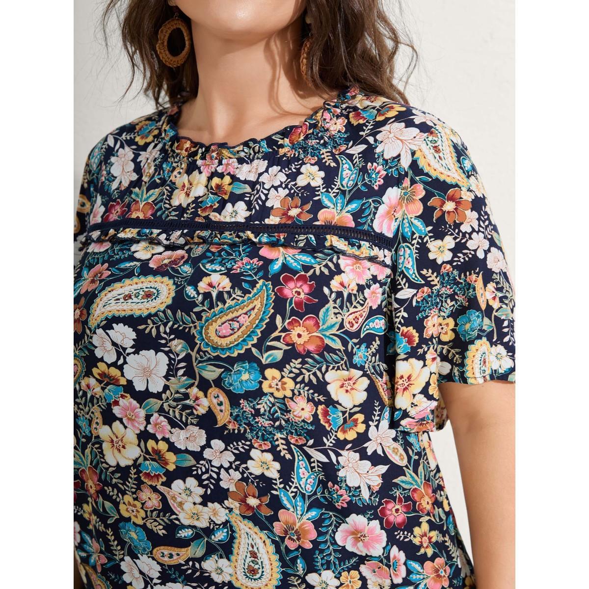 Plus Size Indigo Paisley Print Lace Ruffled Blouse Women Short sleeve Mock Neck Vacation Blouses BloomChic 12/L Product Image
