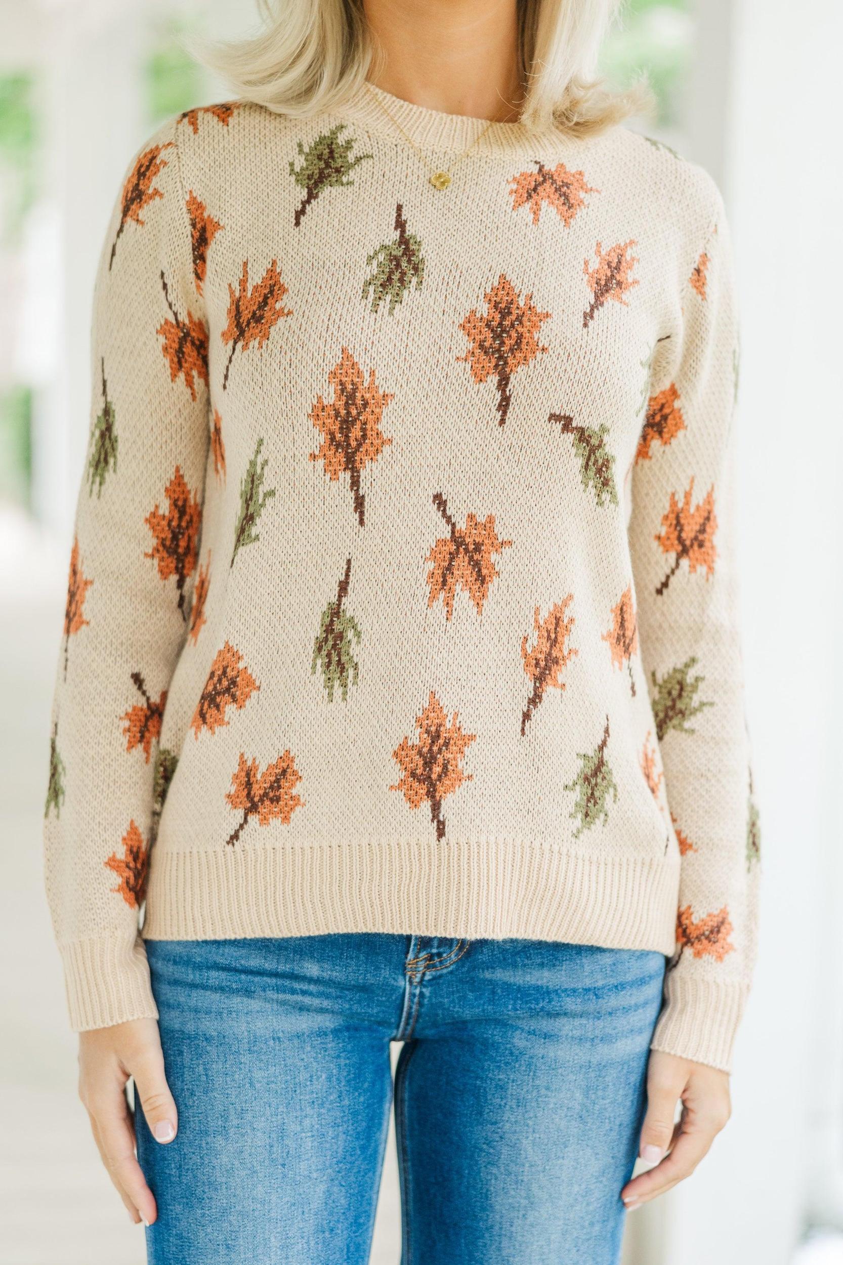 Take A Moment Taupe Leaf Print Sweater Female Product Image