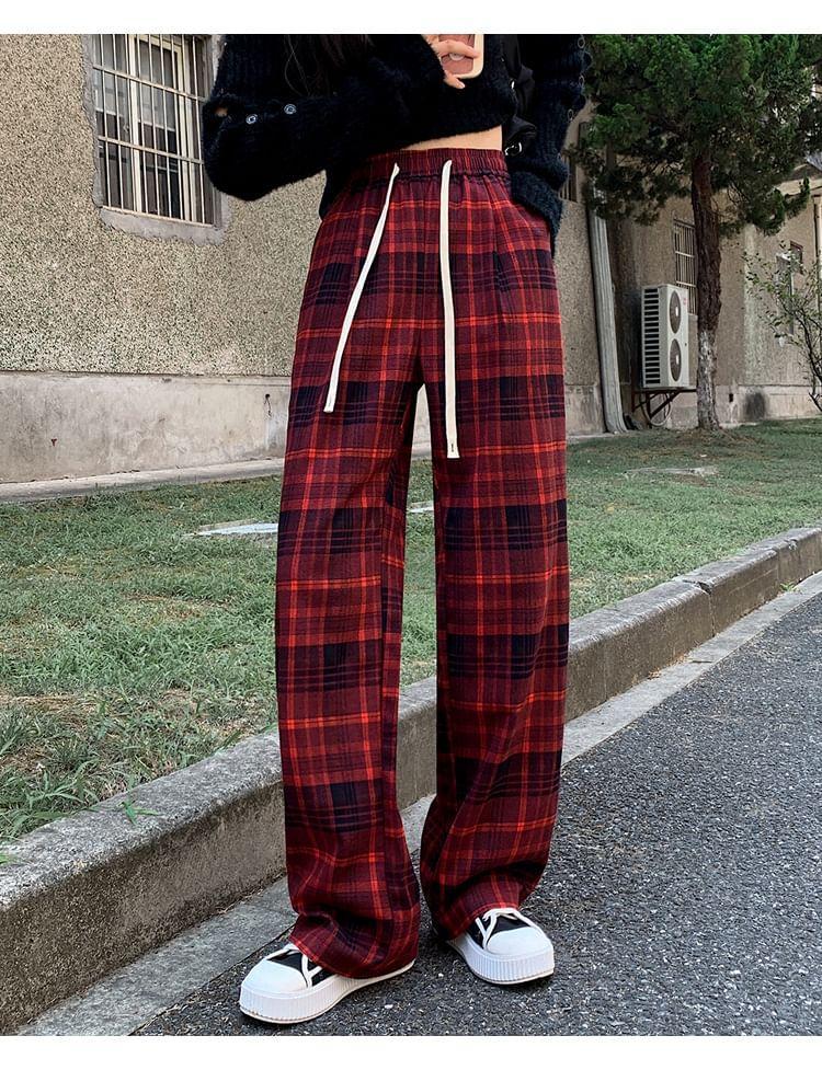 Drawstring Waist Plaid Loose Fit Pants Product Image